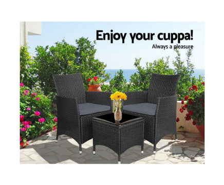 3 PC Black Outdoor Patio Furniture Wicker Bistro Set with Cushion