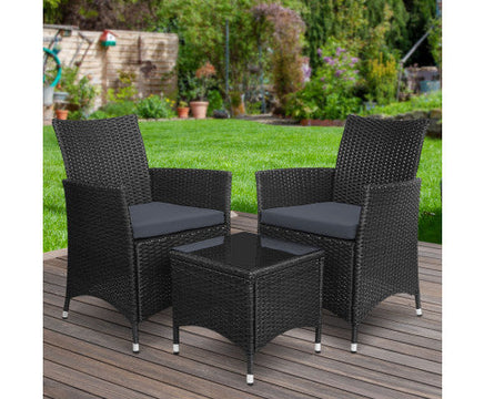 3 PC Black Outdoor Patio Furniture Wicker Bistro Set with Cushion