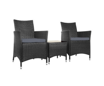 3 PC Black Outdoor Patio Furniture Wicker Bistro Set with Cushion