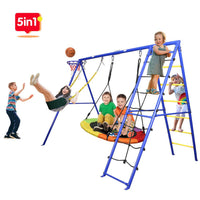 5 in 1 Outdoor Swing Set with Climbing Net Ladder