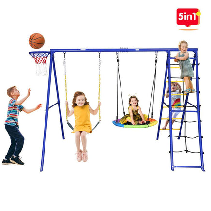 5 in 1 Outdoor Swing Set with Climbing Net Ladder