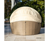 Beige 3pc Outdoor Round Rattan Canopy Daybed Set