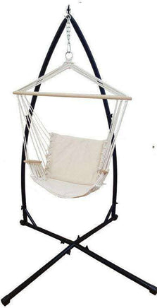 Beige Padded Hammock Chair with Wooden Arm Rests with Stand