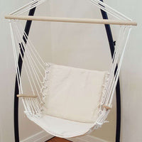 Beige Padded Hammock Chair with Wooden Arm Rests with Stand