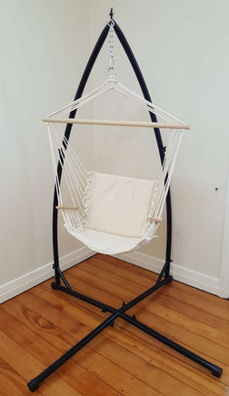 Beige Padded Hammock Chair with Wooden Arm Rests with Stand