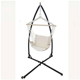 Beige Padded Hammock Chair with Wooden Arm Rests with Stand