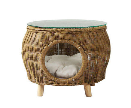 Durable Rattan Coffee Table with Pet Bed