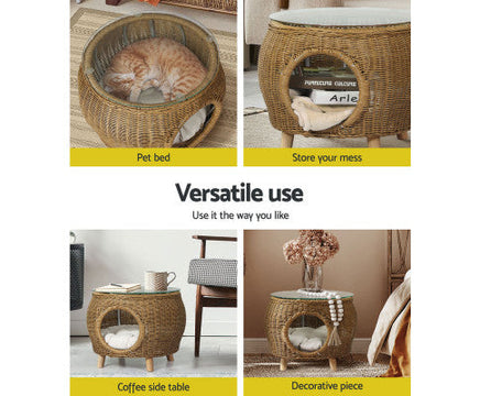 Durable Rattan Coffee Table with Pet Bed