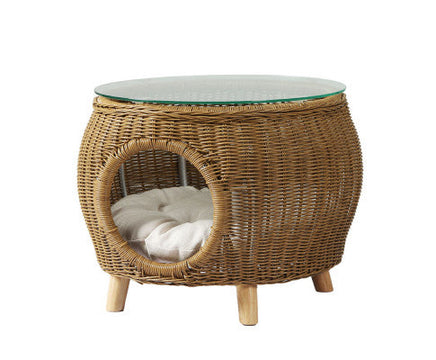 Durable Rattan Coffee Table with Pet Bed