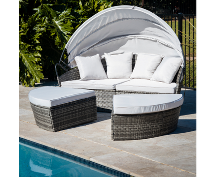 Grey Wicker Rattan 3-Piece Patio Set with Sun Lounge and Off-White Canopy