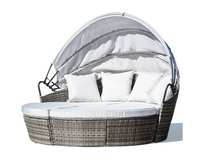 Grey Wicker Rattan 3-Piece Patio Set with Sun Lounge and Off-White Canopy