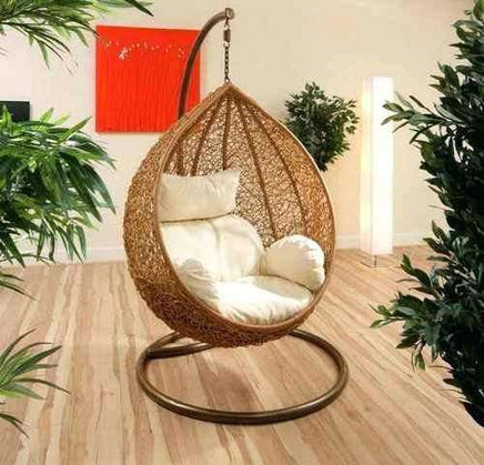 Hanging Outdoor Rattan Egg Swing Chair with Cream Cushion Pod