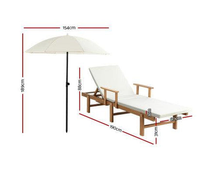 Outdoor Patio Sun Lounger with Day Bed & Umbrella - Wooden Furniture on Wheels