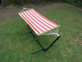 Single Red and White Canvas Hammock with Spreader Bar