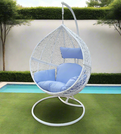 White Wicker w/ Blue Cushions Egg Chair