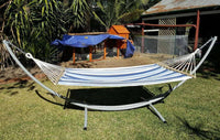 XL Free Standing Hammock: Blue and White Canvas Hammock and Arc Stand