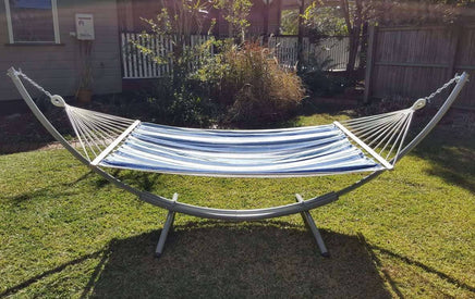 XL Free Standing Hammock: Blue and White Canvas Hammock and Arc Stand