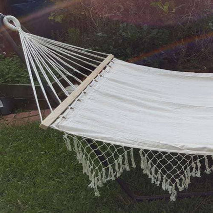 XL Free Standing Hammock: White Canvas Hammock with Tassels and Arc Stand