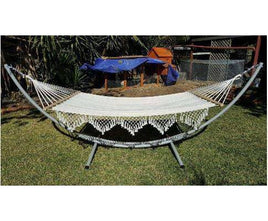 XL Free Standing Hammock: White Canvas Hammock with Tassels and Arc Stand